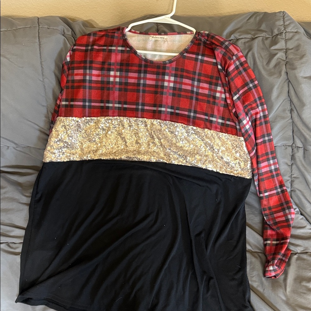 Plaid Red and Black womens Shirt with Gold Accent